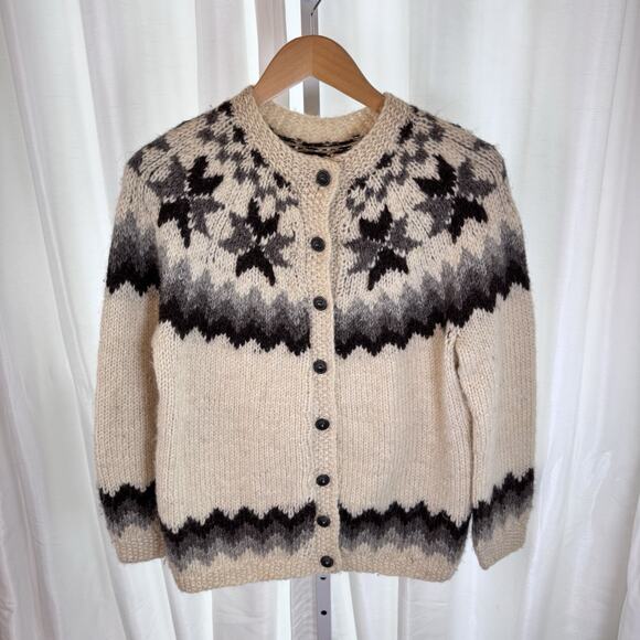 Vintage Nordic Icelandic 100% Wool Hand Knit Button Front Cardigan Sweater Sz M - Picture 2 of 11